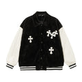 Chrome Hearts Faux Fur Cross Varsity Jacket - Black White Gothic Streetwear 035