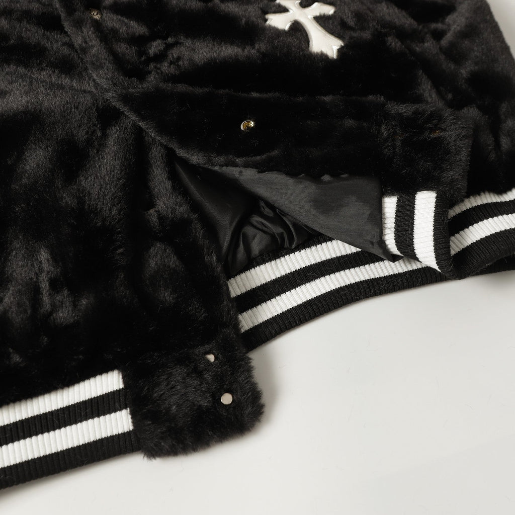 Chrome Hearts Faux Fur Cross Varsity Jacket - Black White Gothic Streetwear 035