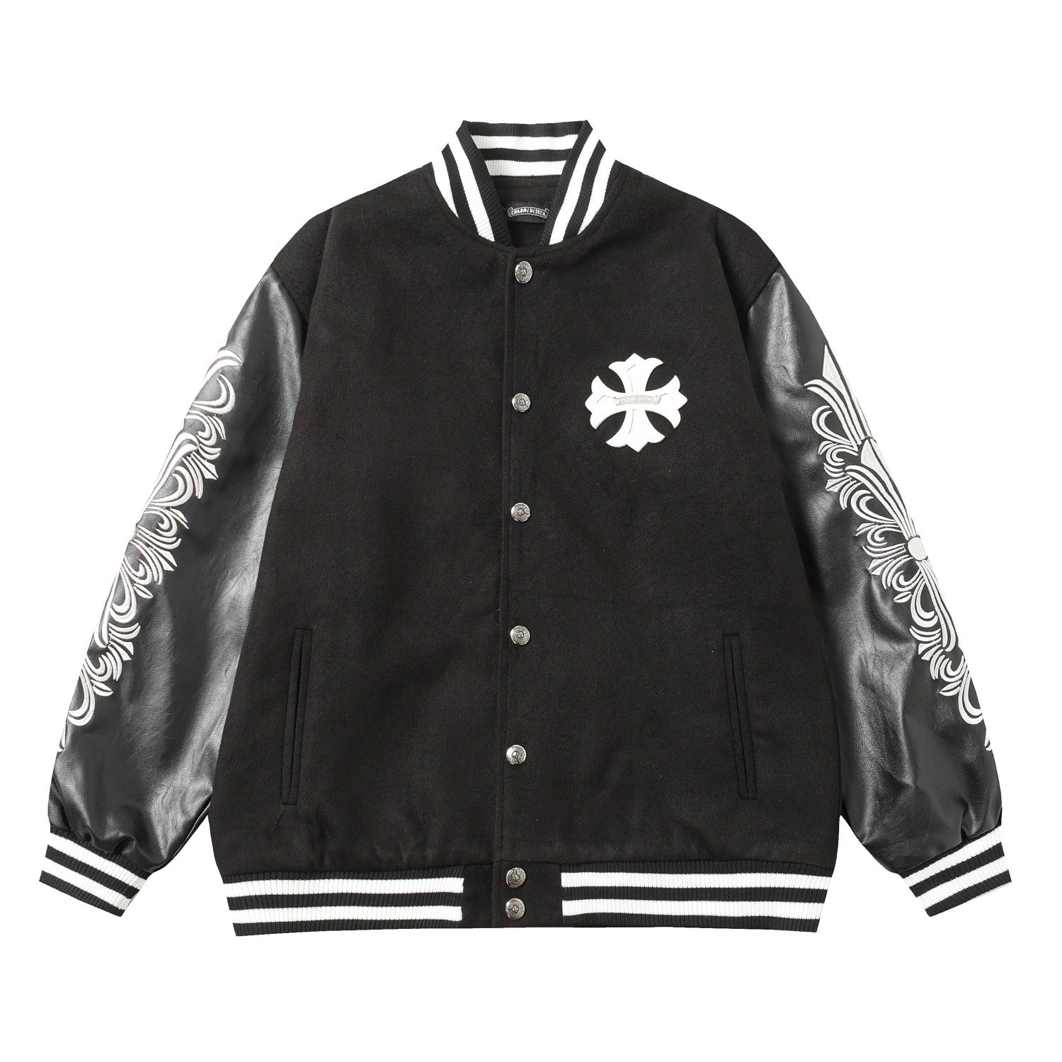 Chrome Hearts Cross Embroidered Leather Sleeve Varsity Jacket - Black Street Style 116