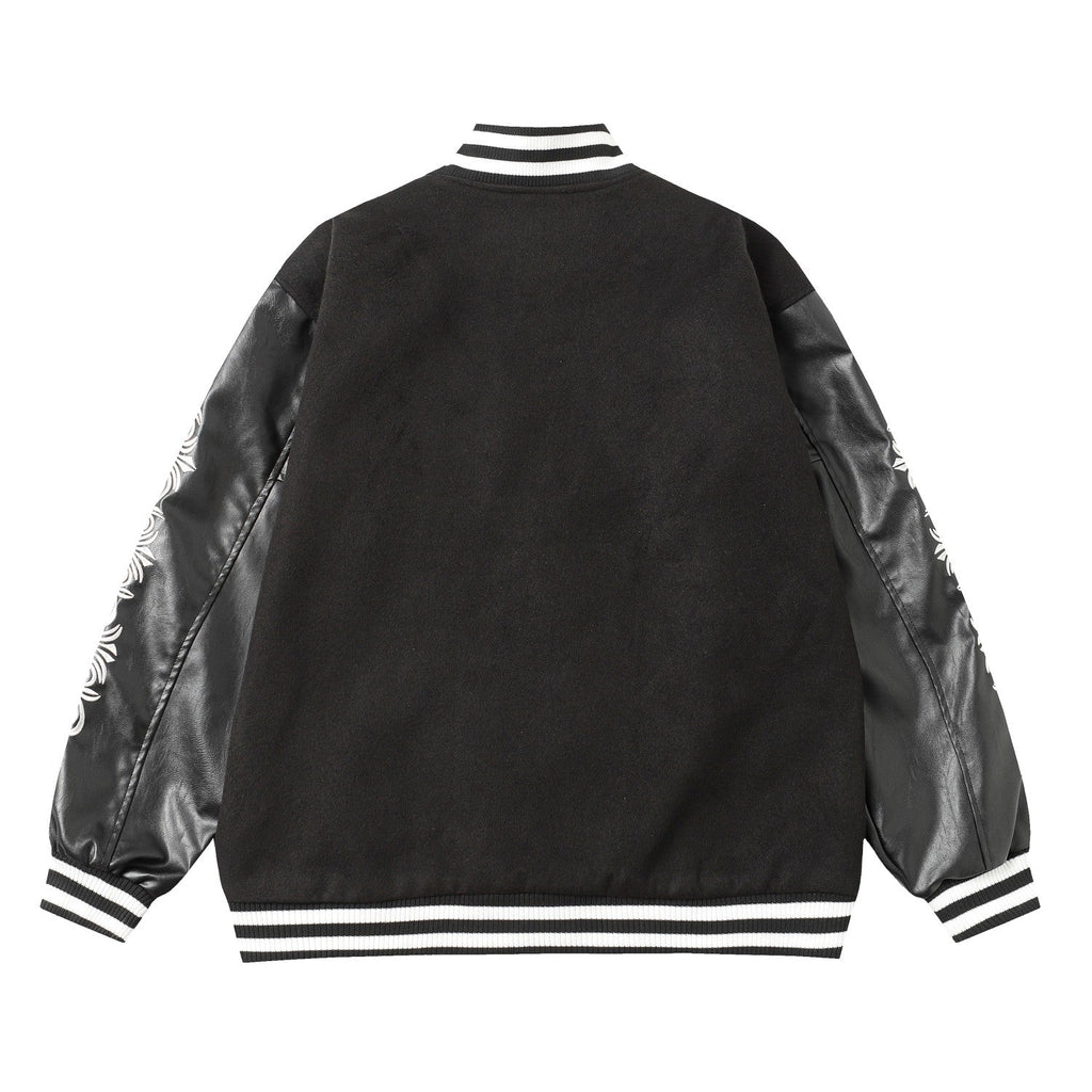 Chrome Hearts Cross Embroidered Leather Sleeve Varsity Jacket - Black Street Style 116
